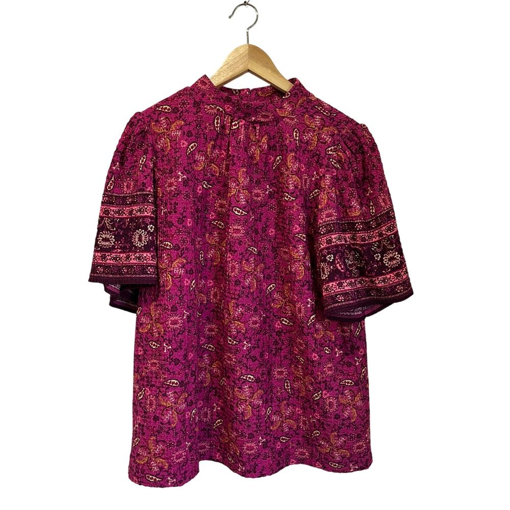 LOFT Floral Print Puff Sleeve Blouse Boho Chic Pink Purple Top Size Large